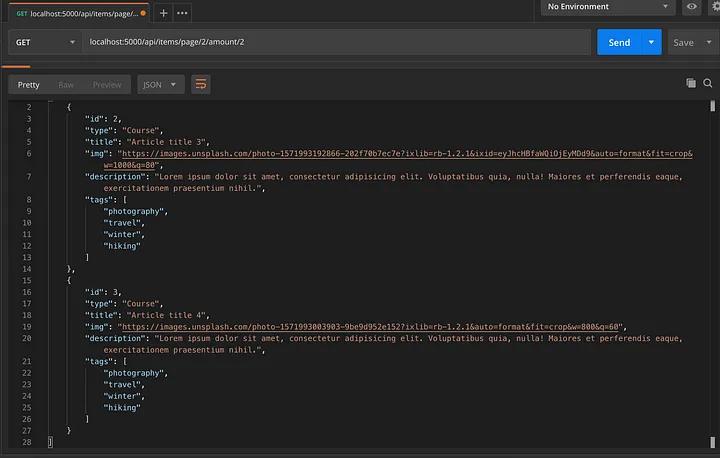 Postman API test showing paginated results